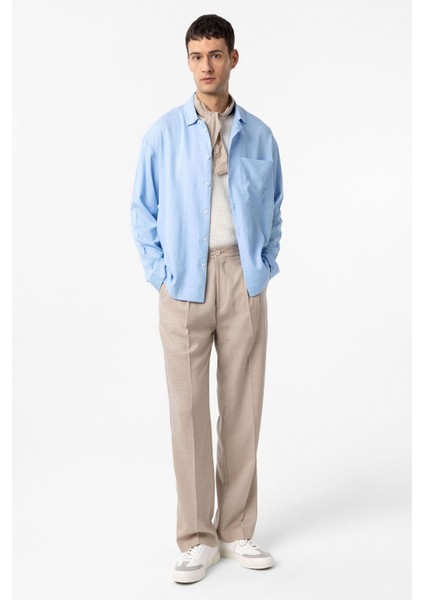 Açık Mavi Keten Karışımlı Relax Fit Erkek Gömlek fiyatları