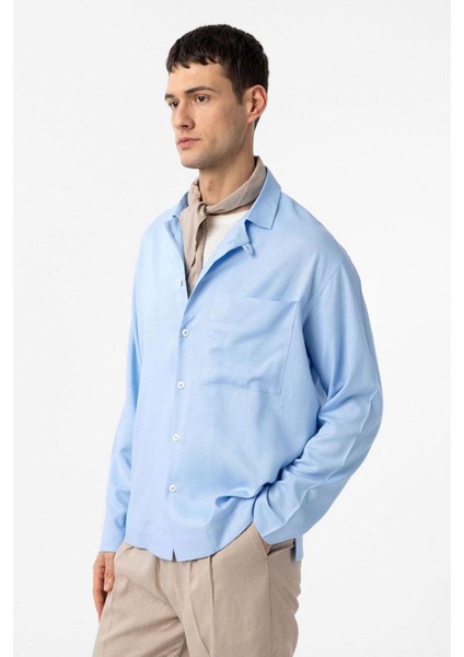 Açık Mavi Keten Karışımlı Relax Fit Erkek Gömlek modelleri