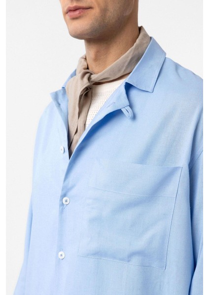 Açık Mavi Keten Karışımlı Relax Fit Erkek Gömlek fırsatları
