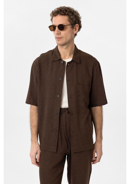 Kahve Keten Karışımlı Kısa Kollu Erkek Gömlek