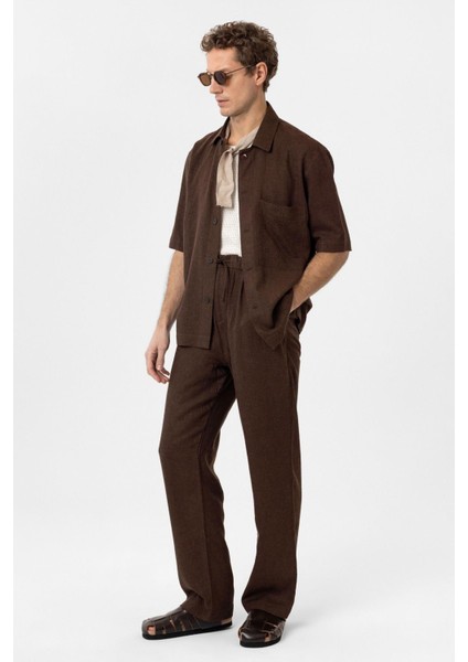 Kahve Keten Karışımlı Kısa Kollu Erkek Gömlek fiyatları