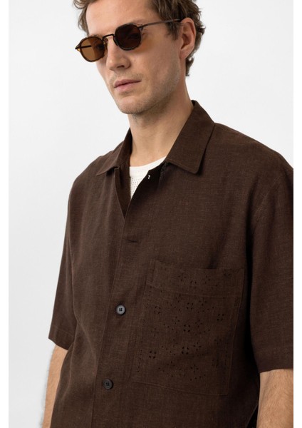 Kahve Keten Karışımlı Kısa Kollu Erkek Gömlek modelleri