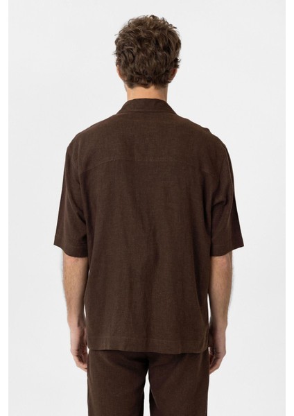 Kahve Keten Karışımlı Kısa Kollu Erkek Gömlek fırsatları