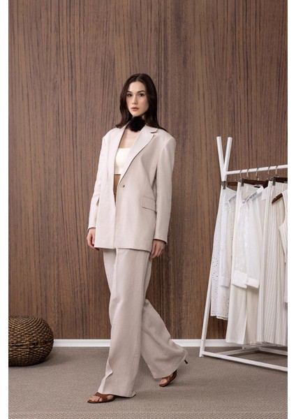 Bej 100% Keten Kadın Blazer Ceket