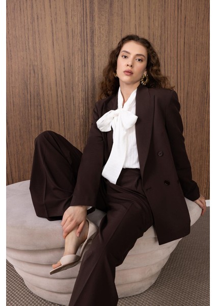 Kahve Regular Fit Kruvaze Kadın Blazer Ceket