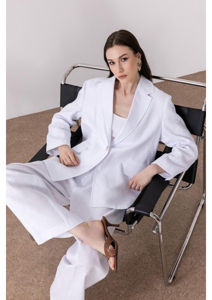 Beyaz 100% Keten Kadın Blazer Ceket