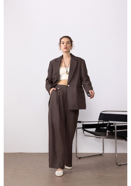 Kahve 100% Keten Kadın Blazer Ceket