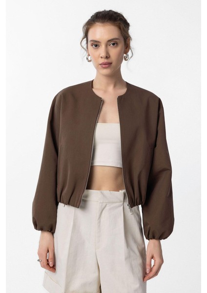 Kahve Crop Kadın Bomber Mont