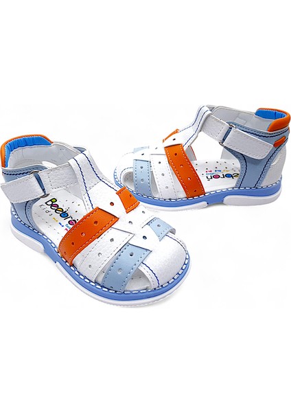Ortopedik Erkek Bebek ve Çocuk Sandaleti Cayman Serisi CYM2404b Beyaz Mavi Turuncu 23