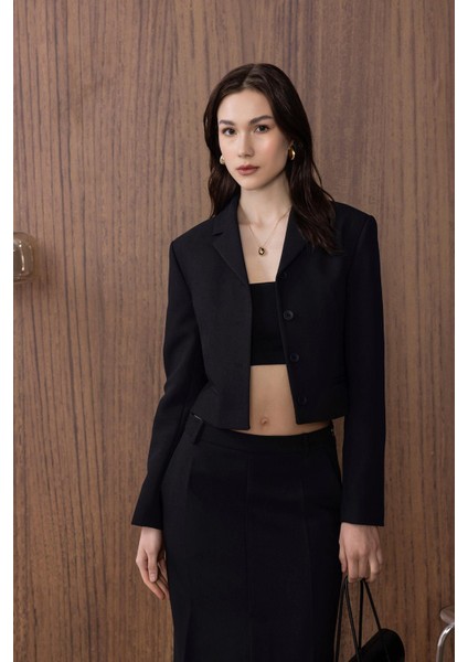 Siyah Crop Kadın Blazer Ceket