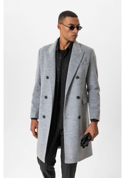 Gri Yün Karışımlı Kruvaze Erkek Kaban