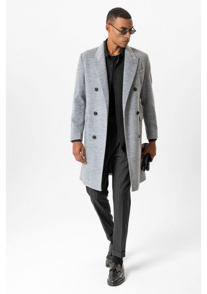 Gri Yün Karışımlı Kruvaze Erkek Kaban modelleri