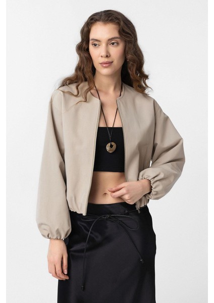 Bej Crop Kadın Bomber Mont
