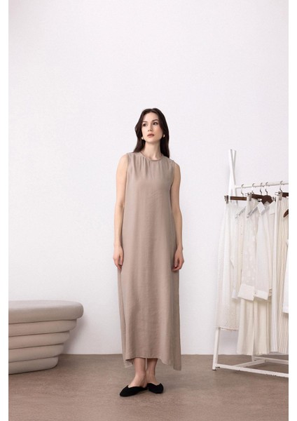 Bej Modal Midi Kadın Elbise