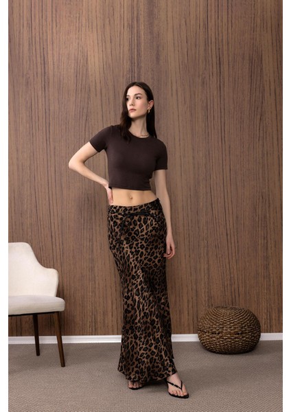 Kahve Crop Kadın T-Shirt