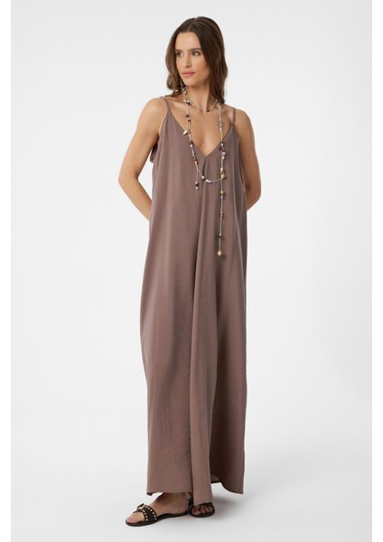 Kahve Askılı Modal Uzun Kadın Elbise