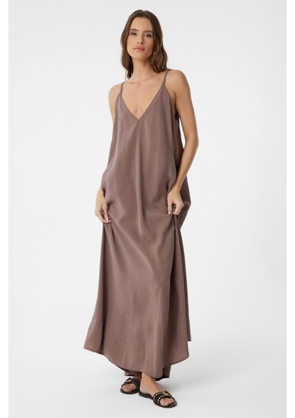 Kahve Askılı Modal Uzun Kadın Elbise modelleri