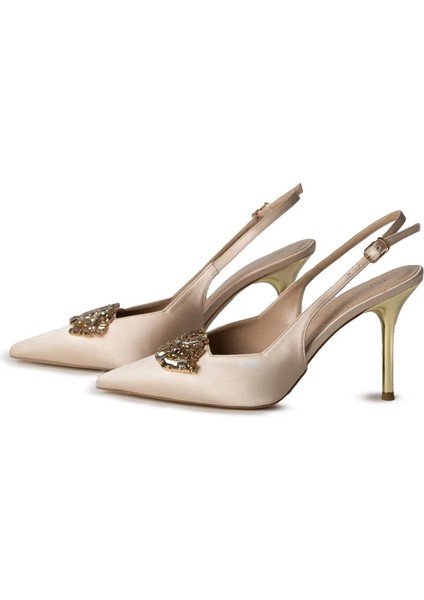 Jenny Saten Bej Taş Detaylı Topuklu Ayakkabı