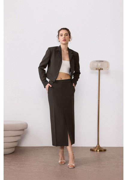 Haki Yırtmaçlı Kadın Kalem Etek