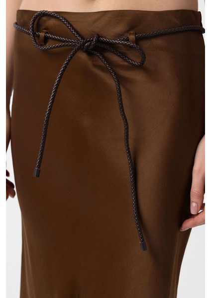 Kahve Kemerli Saten Uzun Kadın Etek modelleri