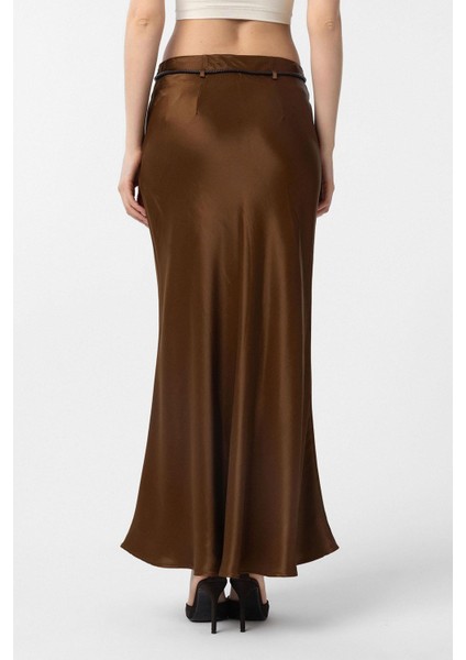Kahve Kemerli Saten Uzun Kadın Etek fırsatları