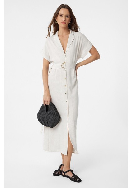 Ekru Keten Karışımlı Kemerli Kadın Elbise
