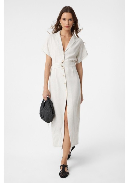 Ekru Keten Karışımlı Kemerli Kadın Elbise fiyatları