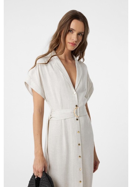 Ekru Keten Karışımlı Kemerli Kadın Elbise modelleri