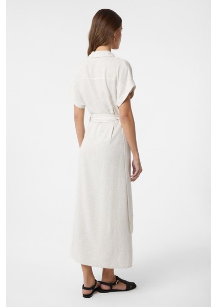 Ekru Keten Karışımlı Kemerli Kadın Elbise fırsatları