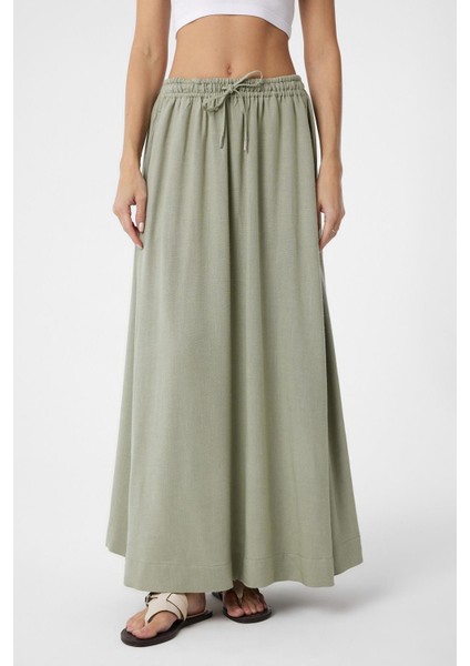 Haki Keten Karışımlı Kadın Uzun Etek