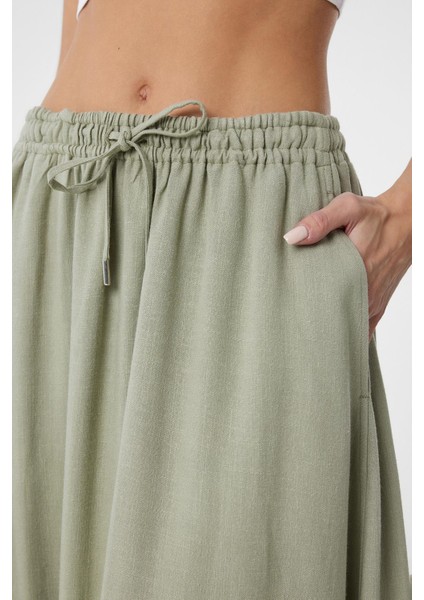 Haki Keten Karışımlı Kadın Uzun Etek modelleri