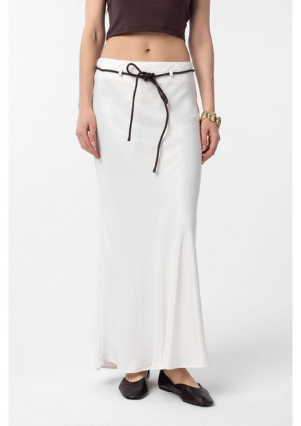 Ekru Kemerli Saten Uzun Kadın Etek