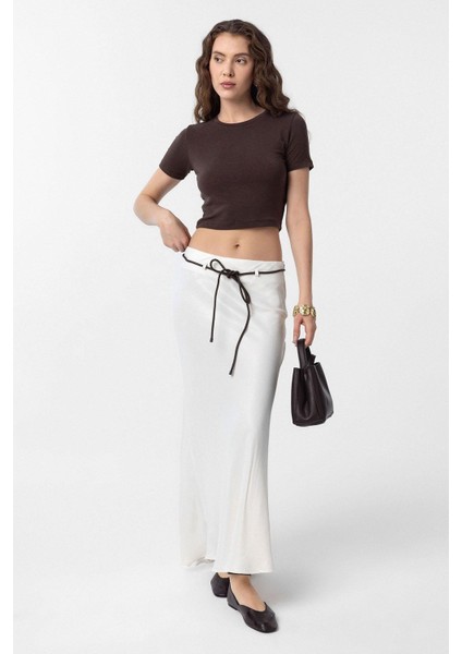 Ekru Kemerli Saten Uzun Kadın Etek fiyatları