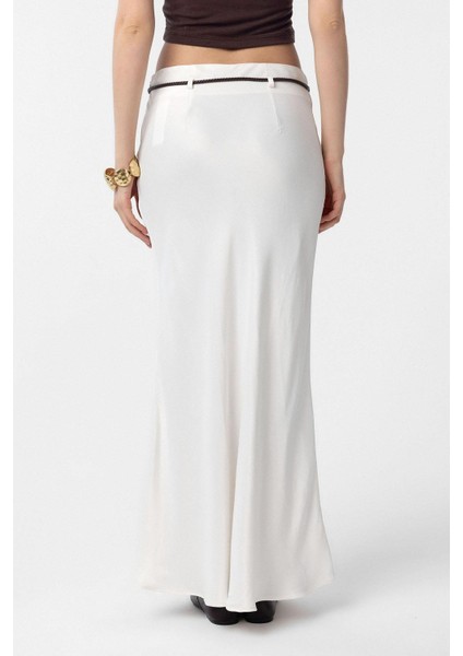 Ekru Kemerli Saten Uzun Kadın Etek fırsatları