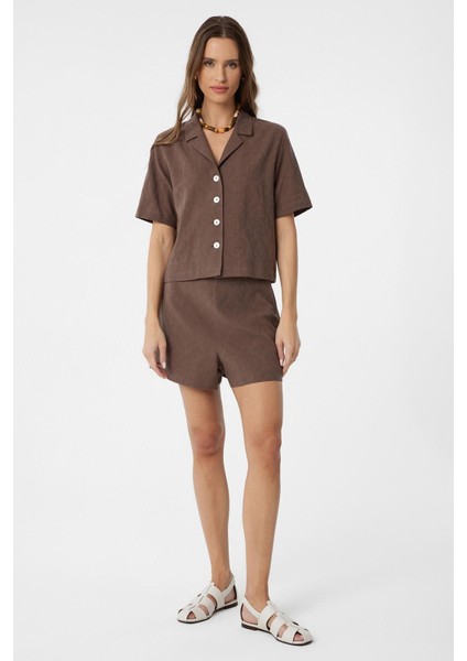 Kahve Gömlek Şort Kadın Takım