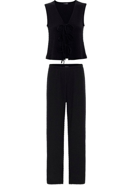 Siyah Bağ Detaylı Dokulu Kadın Takım indirimleri