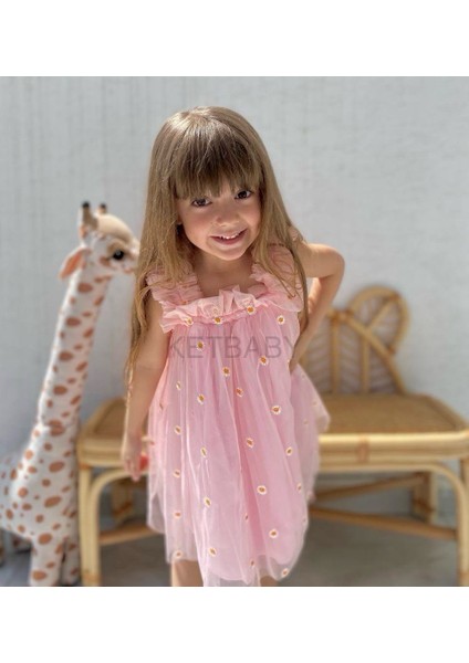Kız Çocuk Papatya Nakışlı Askılı Elbise Ket Baby HPN001