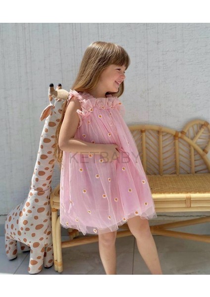 Kız Çocuk Papatya Nakışlı Askılı Elbise Ket Baby HPN001