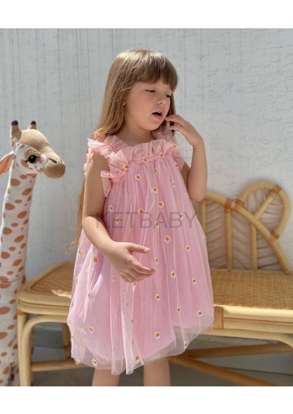 Kız Çocuk Papatya Nakışlı Askılı Elbise Ket Baby HPN001
