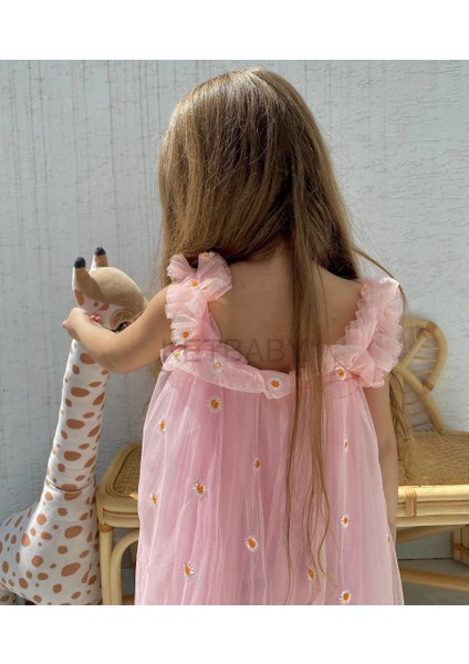 Kız Çocuk Papatya Nakışlı Askılı Elbise Ket Baby HPN001