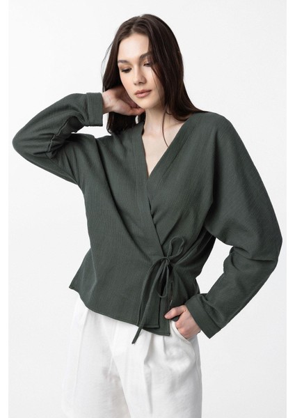 Haki Bağlamalı Kimono Kadın Gömlek