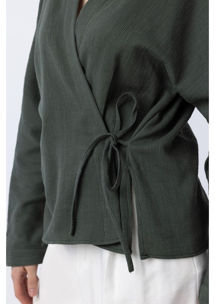 Haki Bağlamalı Kimono Kadın Gömlek modelleri
