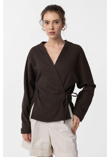 Kahve Bağlamalı Kimono Kadın Gömlek