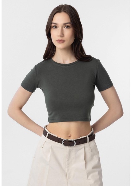 Haki Crop Kadın T-Shirt