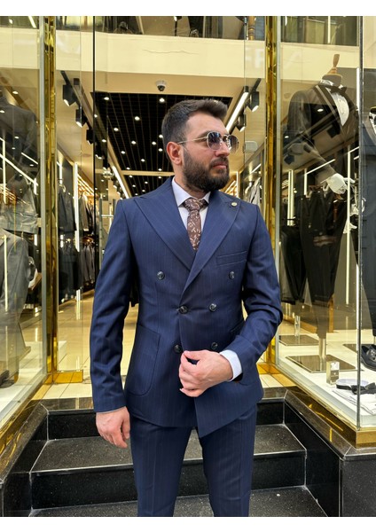 Erkek Çizgili Kruvaze Takım Elbise