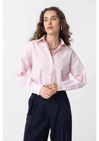 Pembe Crop Poplin Kadın Gömlek