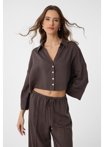 Kahve Crop Kadın Gömlek