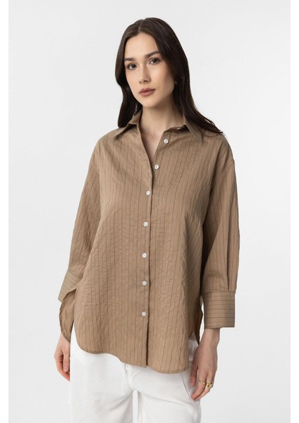 Camel Çizgili Kadın Gömlek
