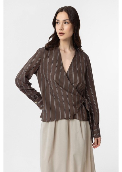 Kahve Dökümlü Kimono Kadın Gömlek