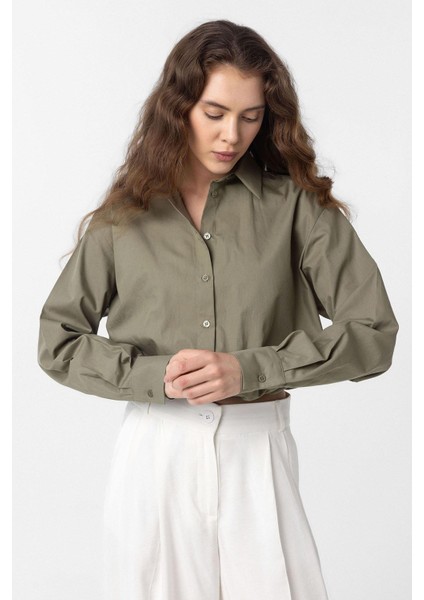 Haki Crop Poplin Kadın Gömlek
